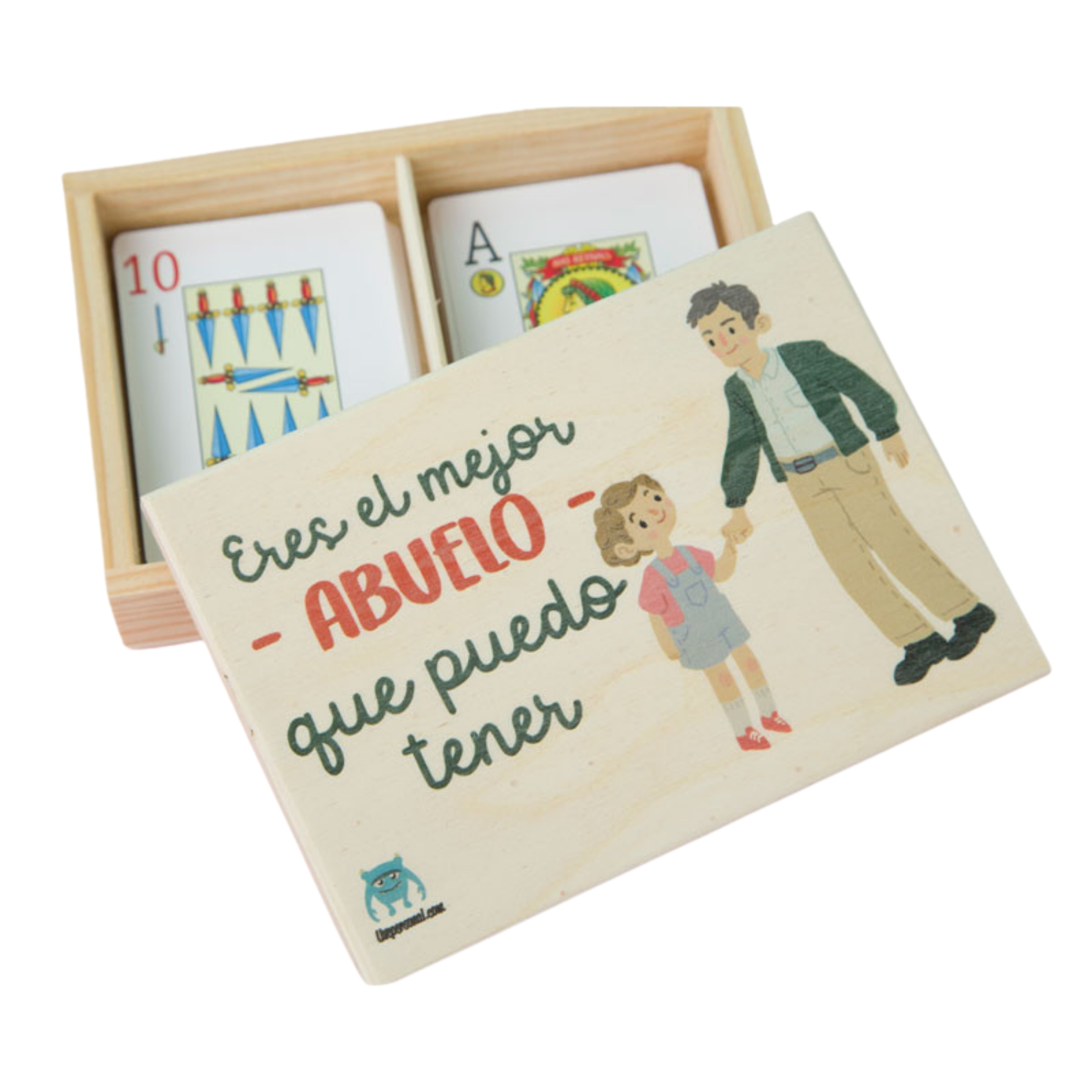 Imagen de caja de madera de baraja de cartas con la frase eres el mejor abuelo que puedo tener