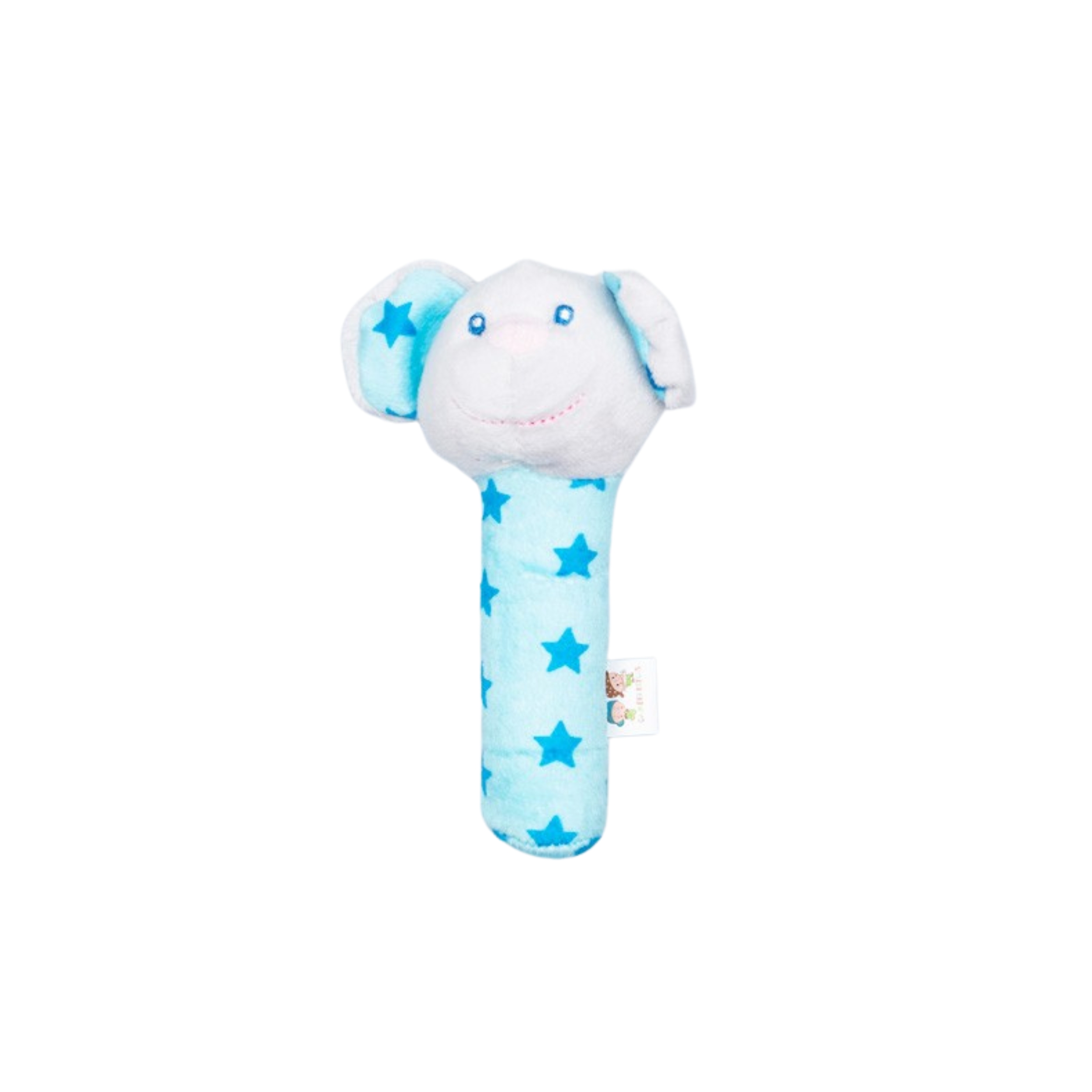 Imagen de sonagero para bebe de color azul el bastón y de diseño de ratón de color azul y blanco