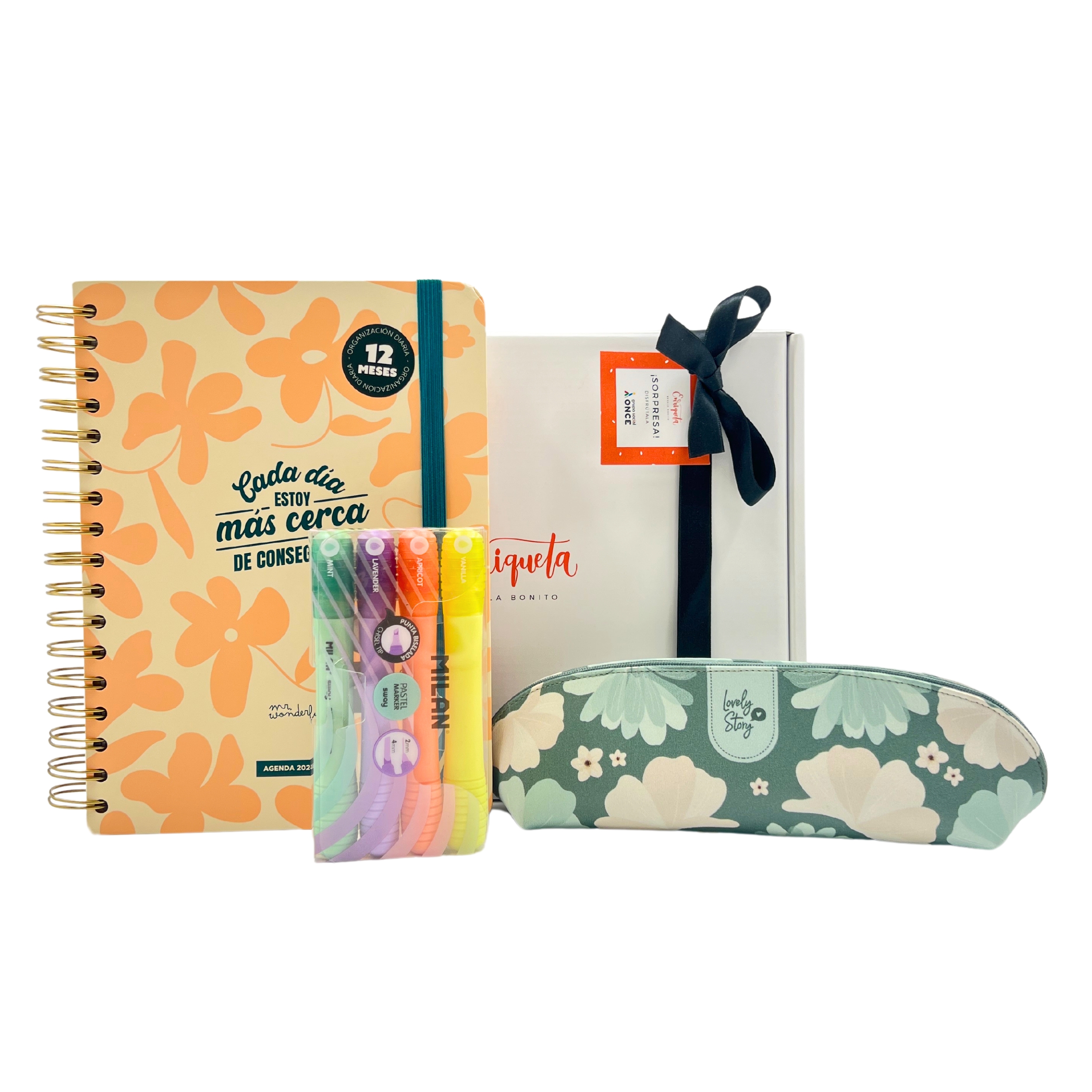 Imagen de Agenda Mr Wonderful con subrayadores color pastel y estuche color verde con flores image number null