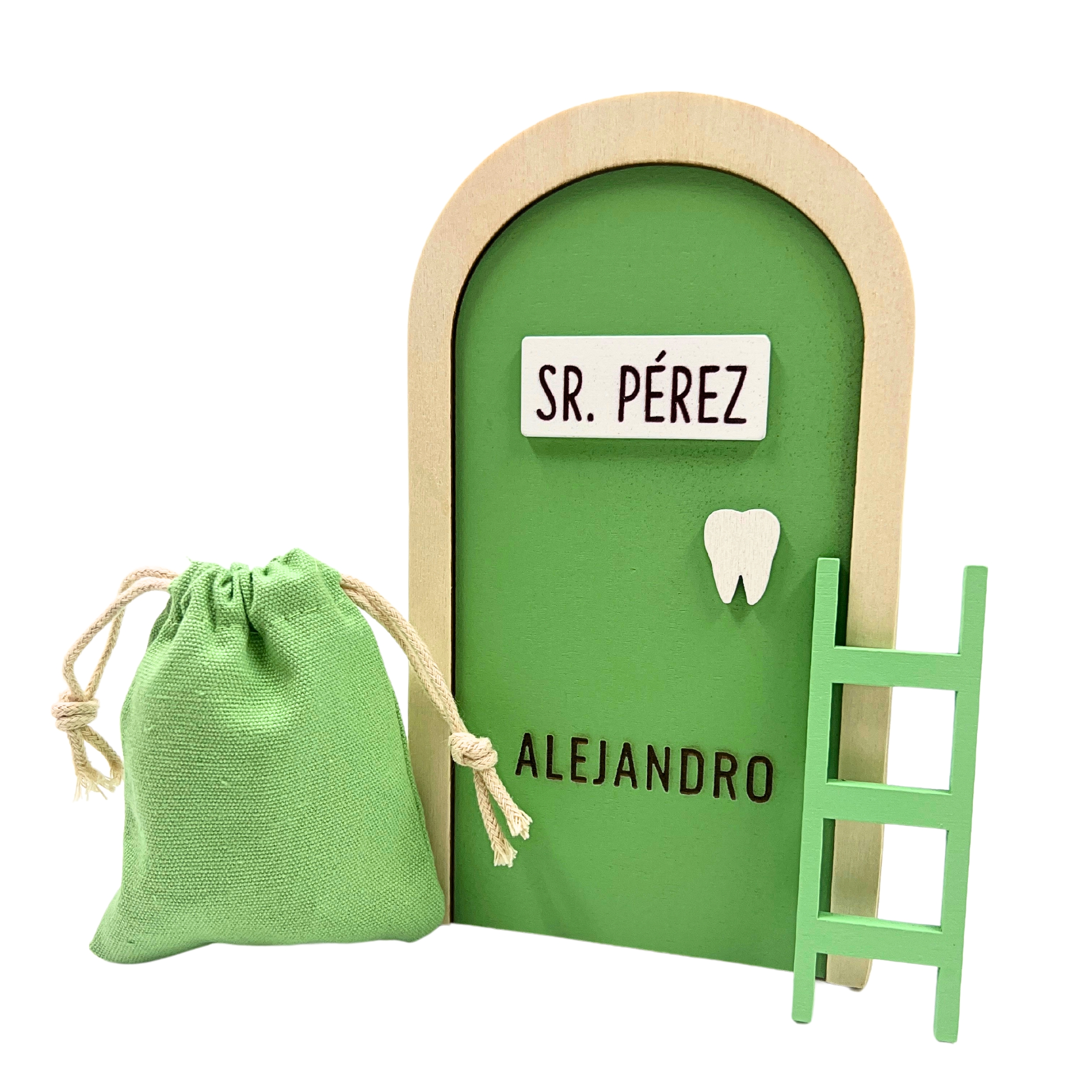 Puerta del Ratoncito Pérez, saco para dientes y escalera en color verde personalizada con el nombre de Alejandro image number null
