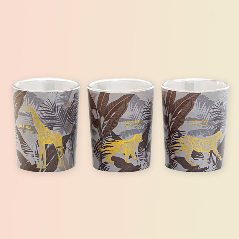 Juego de 3 velas decorativas en vasos de cristal Animales