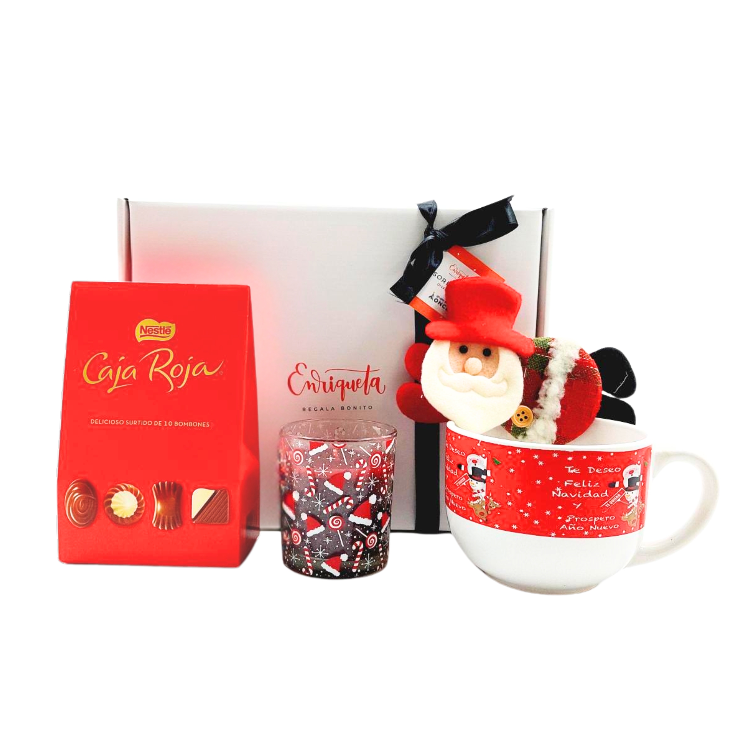 Caja regalo de Navidad con bombones, taza, vela y decoración de papa Noel image number null