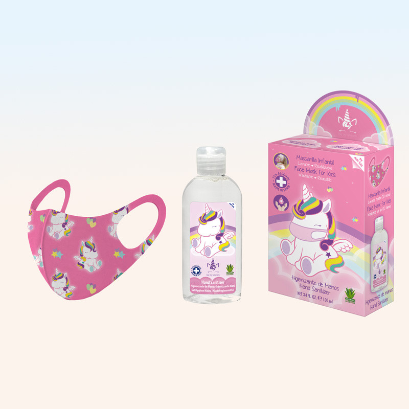 Kit mascarilla higiénica reutilizable infantil rosa con gel hidroalcohólico image number null