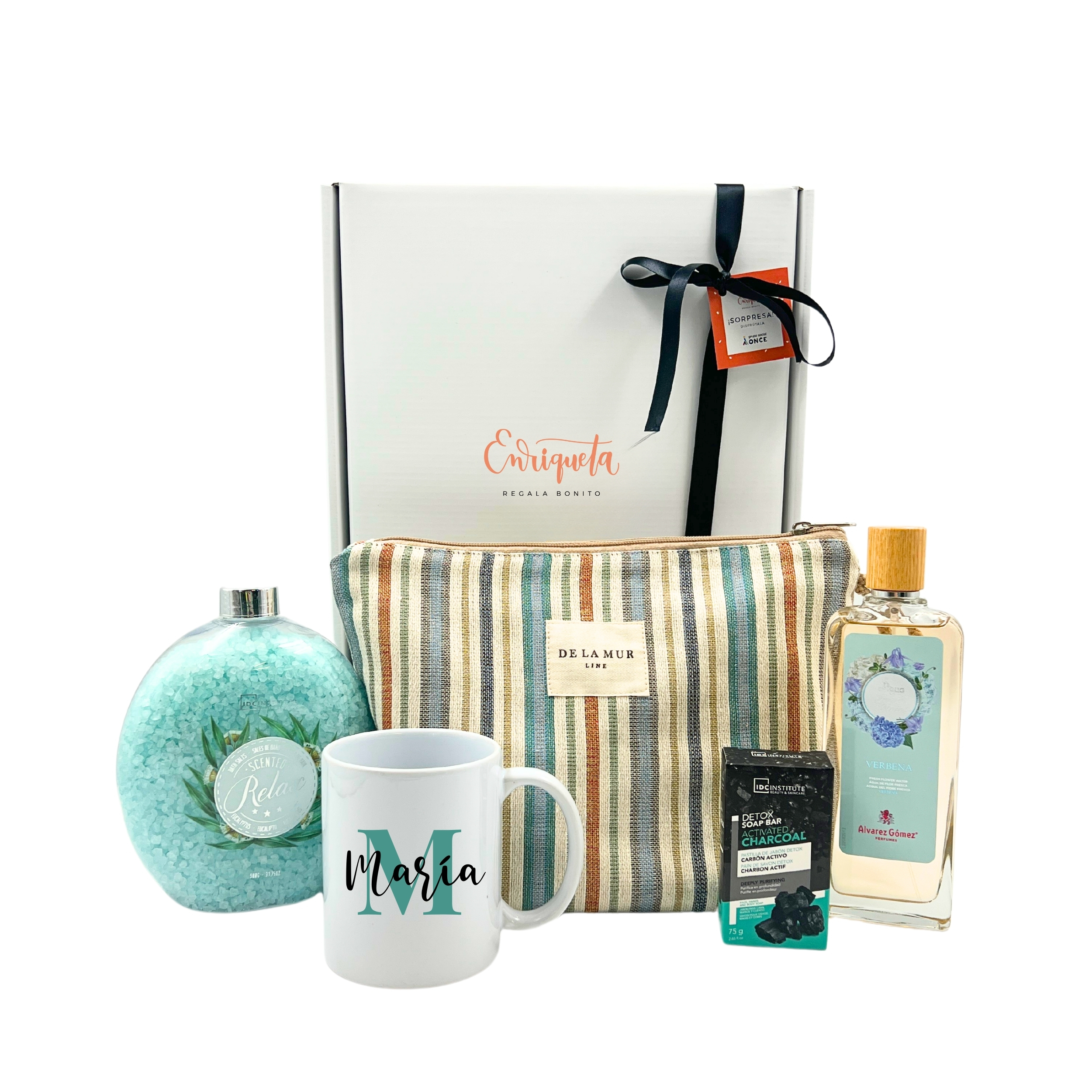 Imagen de cesta blanco con lazo negro con productos de cosmética image number null