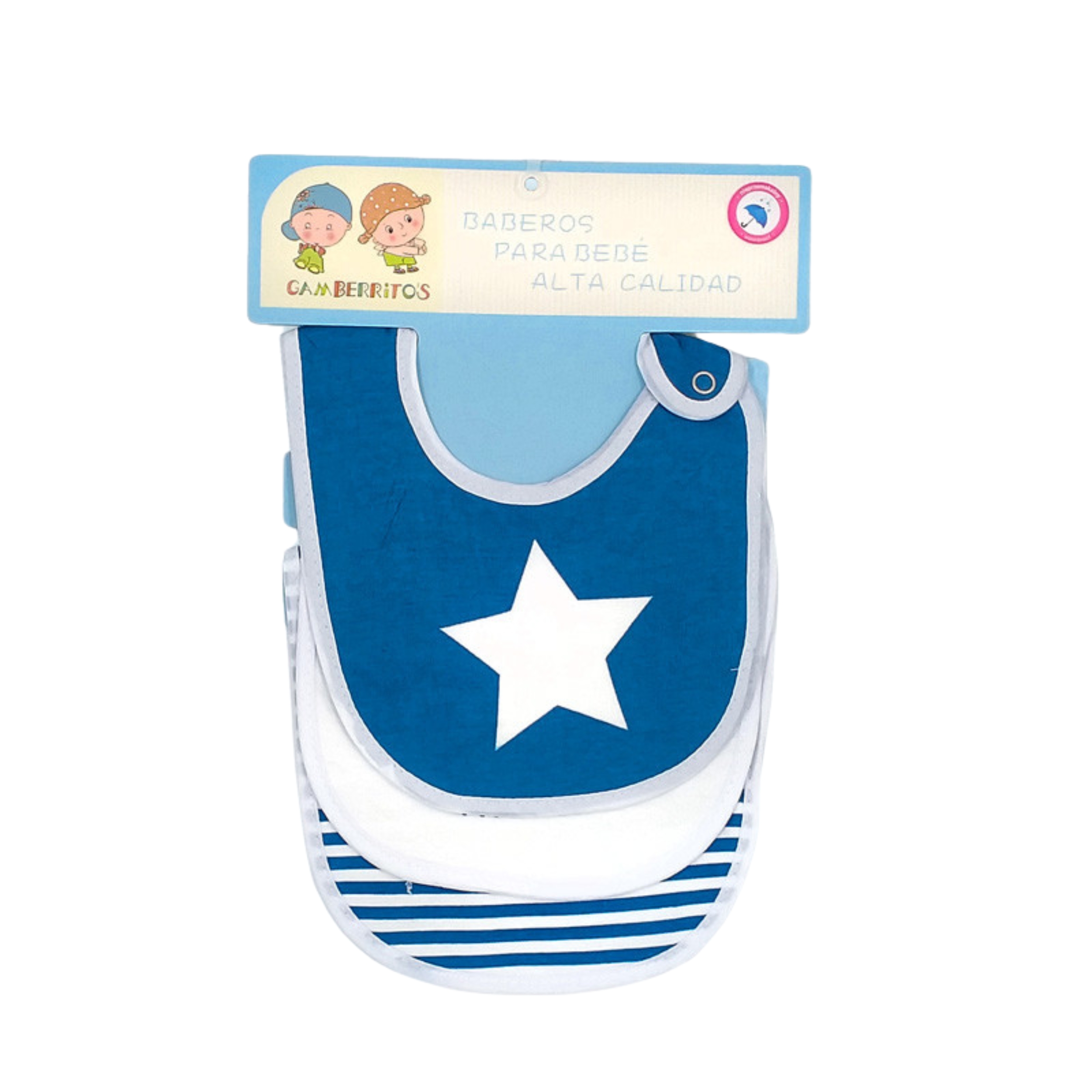 Imagen de pack de tres baberos, el primero es de color azul con una estrella blanca image number null