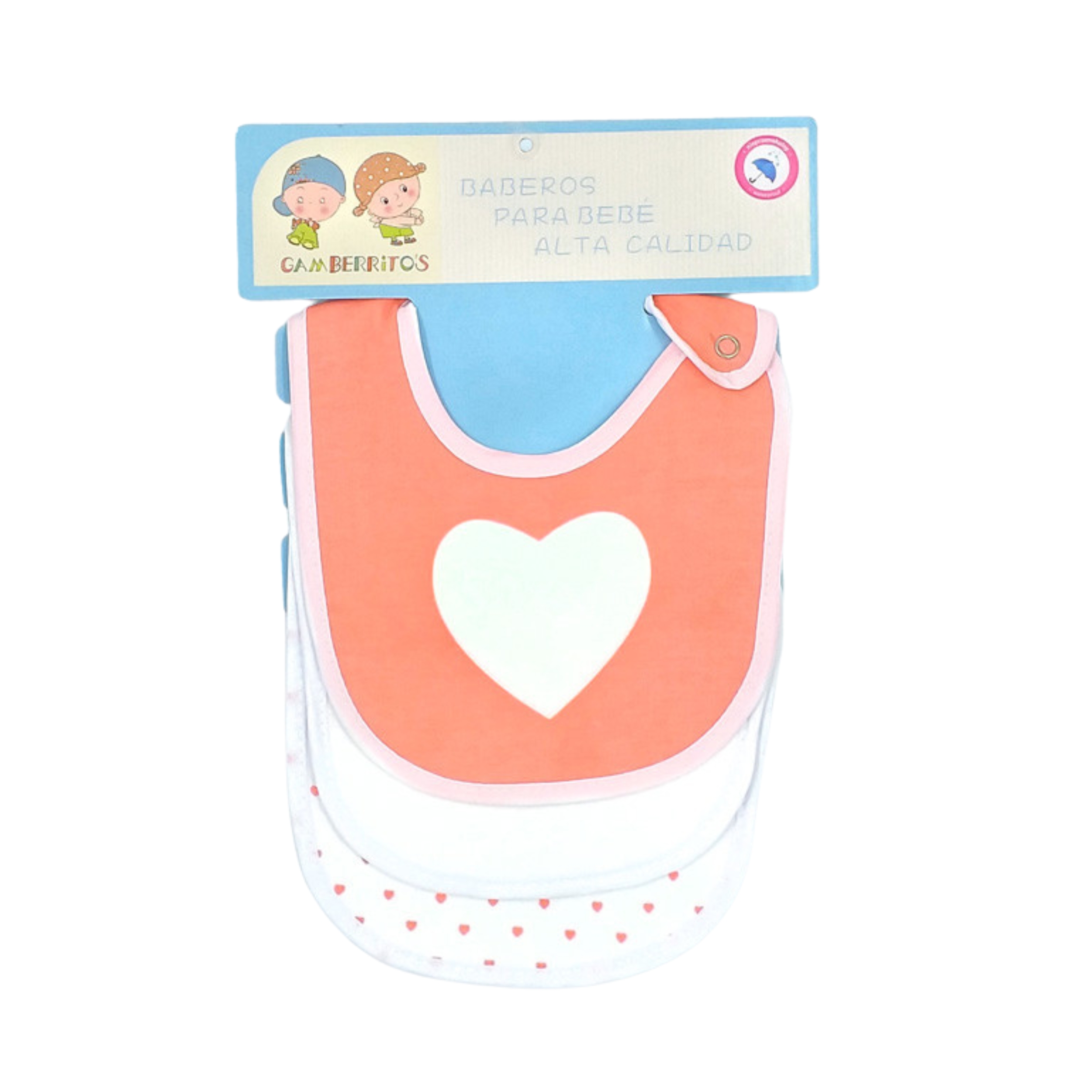 Imagen de pack de tres baberos, el primero es de color naranaj con el diseño de un corazón image number null