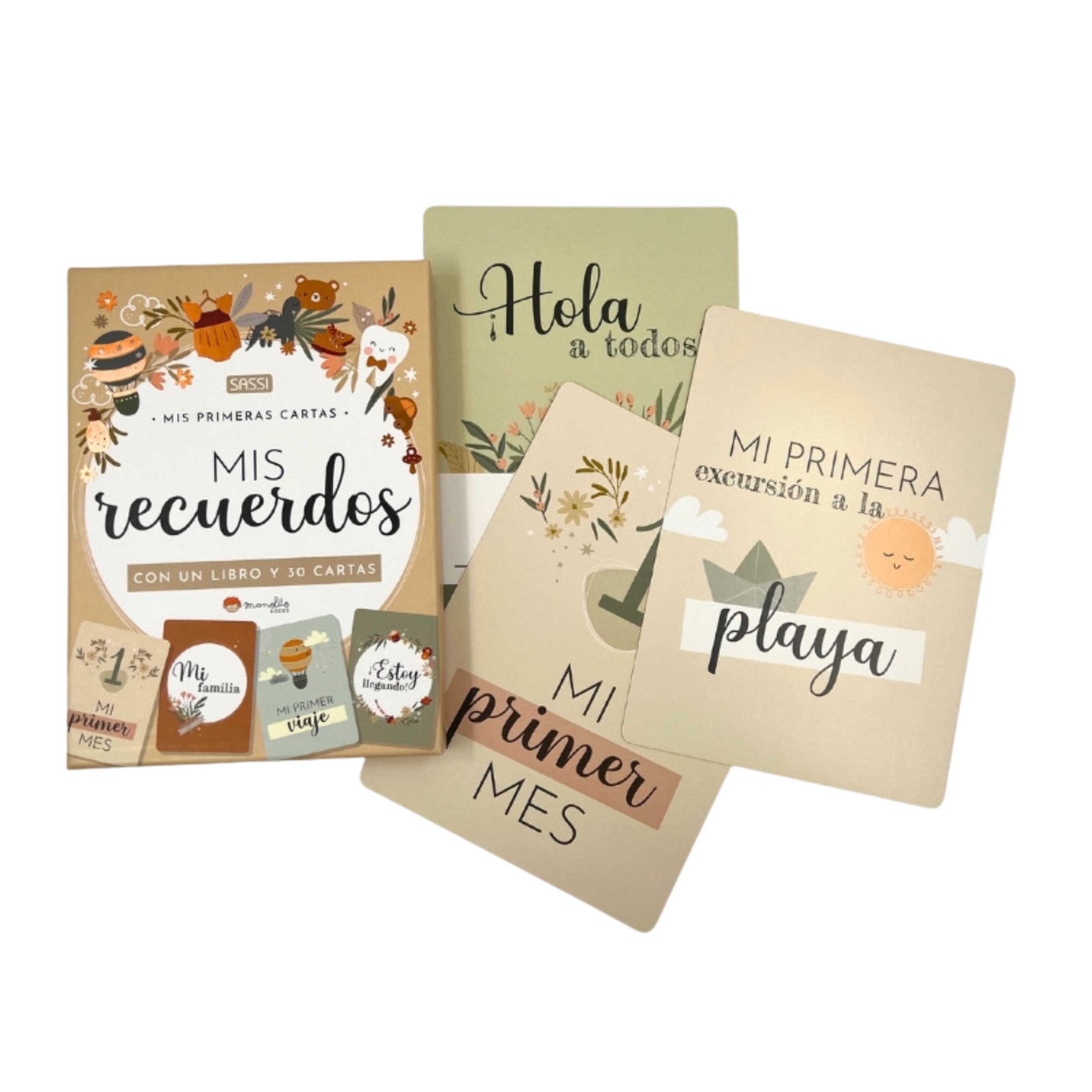 Imagen de colección de un libro compuestos por tarjetas para los mejores momento de la vida de un bebé, mi primer mes y primera excursión la playa