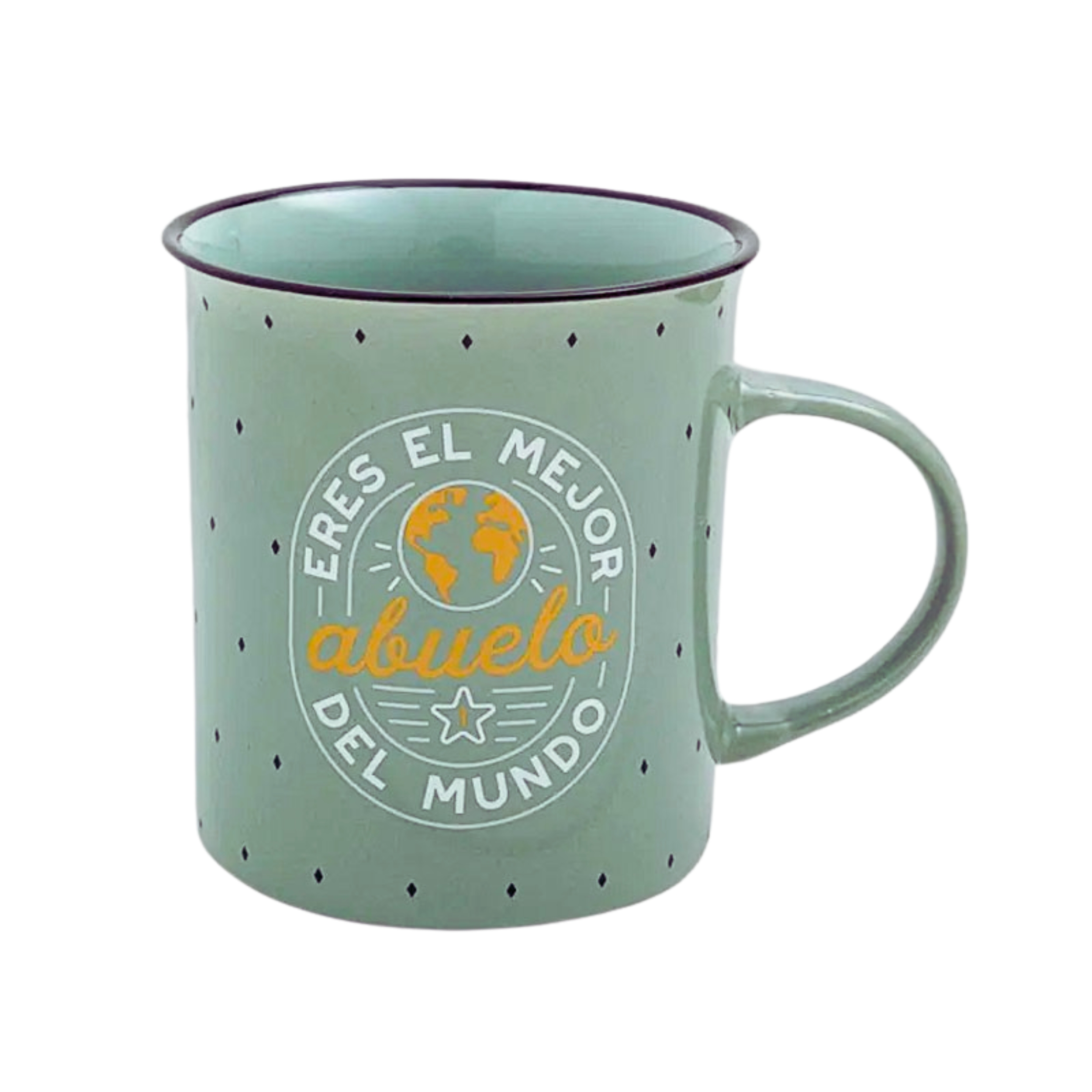 Imagen de taza en color verde gua con mensaje en naraja, Abuelos eres el mejor de la marca Mr. Wonderful
