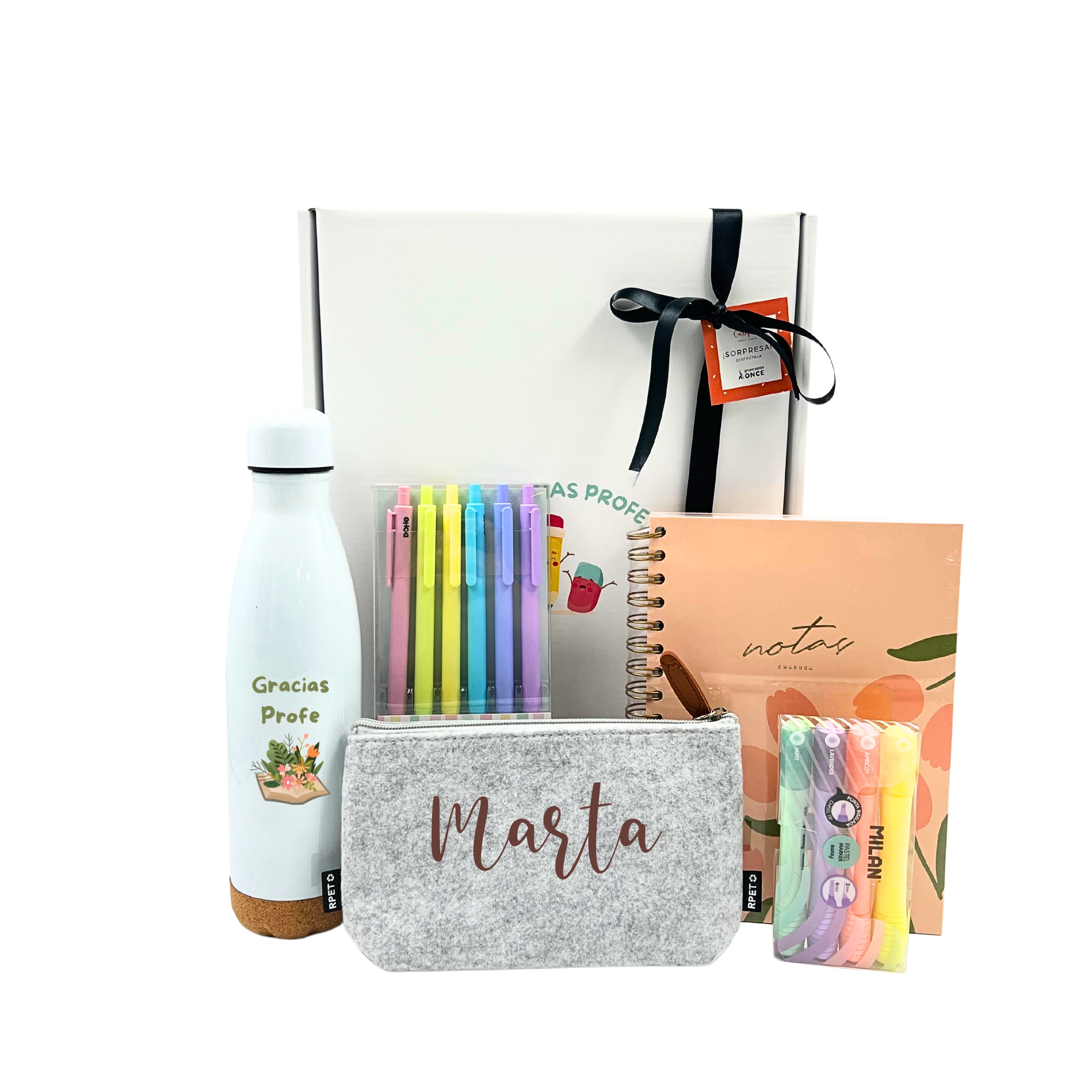 Caja blanca personaliza gracias profe, neceser gris personalizado, botella térmica personalizada, bolígrafos y subrayadores de color pastel, cuaderno de nortas con dibujo de tulipanes  image number null